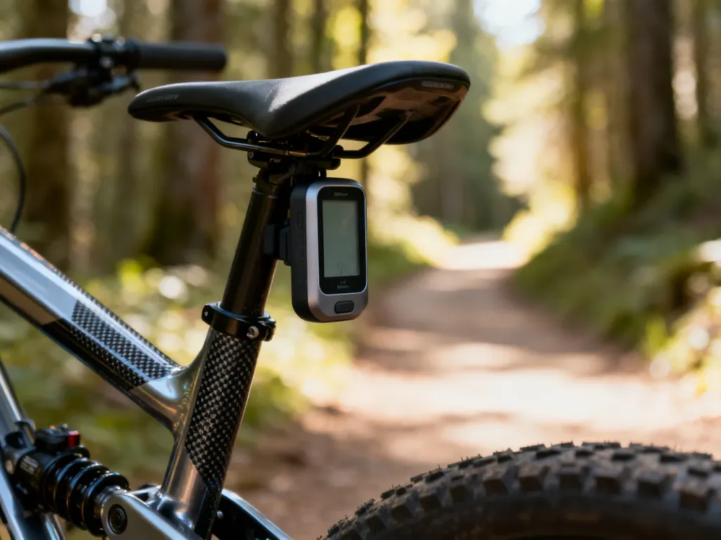 Dyskretny lokalizator GPS zamontowany pod siodełkiem nowoczesnego roweru górskiego na tle leśnej ścieżki.