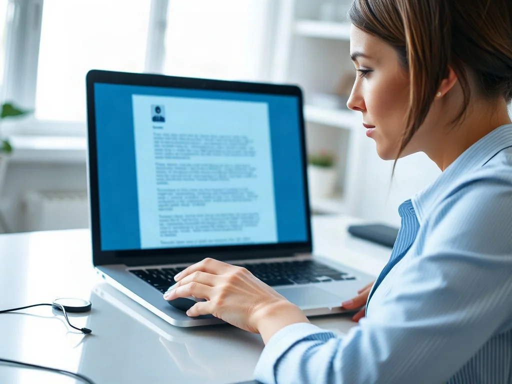 Kobieta pracująca przy laptopie z otwartym dokumentem w jasnym, nowoczesnym biurze domowym.