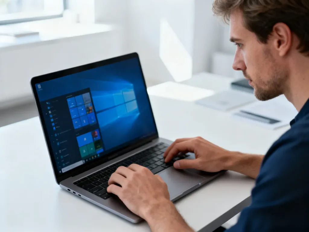 Skupiony mężczyzna pracuje na laptopie w jasnym, minimalistycznym biurze, co podkreśla profesjonalizm i porządek.