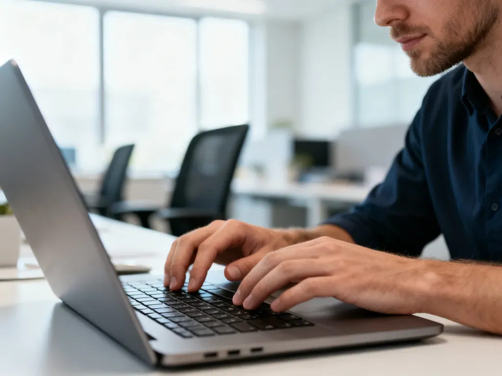 Mężczyzna pracujący na laptopie w nowoczesnym biurze, ilustrujący proces logowania do konta Office 365.