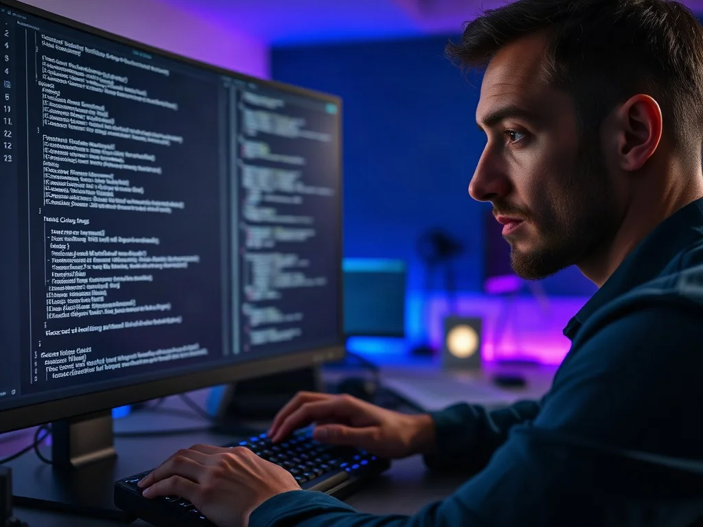 Programista pracujący przy komputerze z otwartym terminalem wiersza poleceń w nowoczesnym biurze.