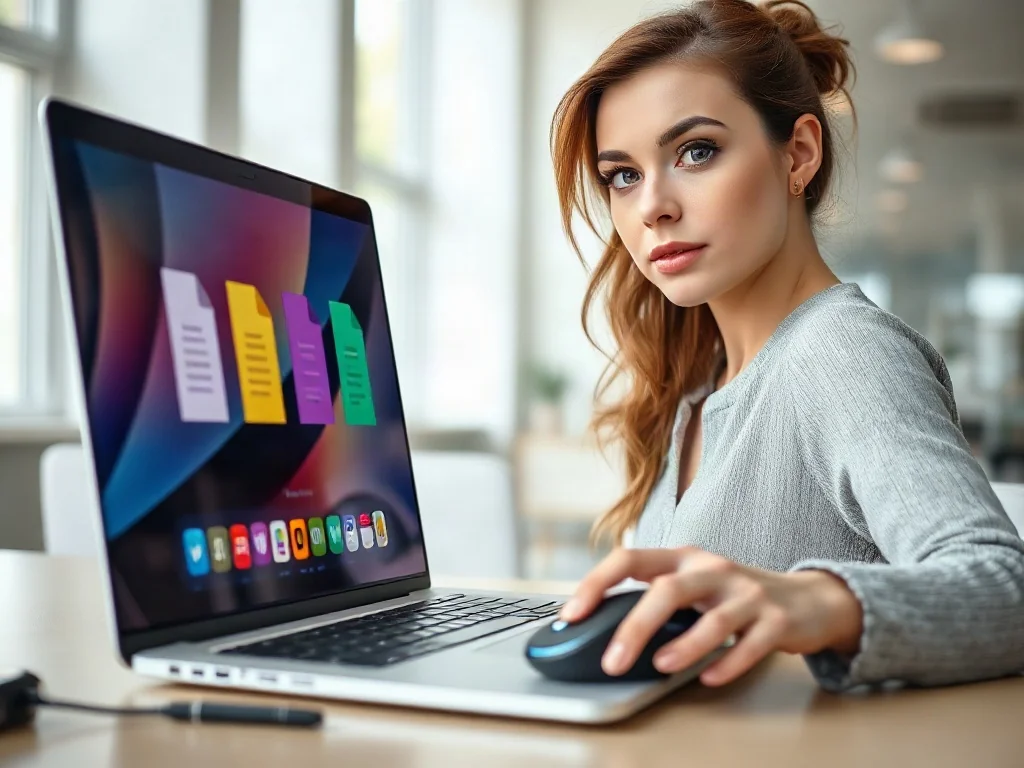 Kobieta pracująca przy laptopie z ikonami pakietu Office na ekranie w nowoczesnym biurze.