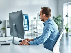 Mężczyzna pracujący przy nowoczesnym monitorze z futurystyczną grafiką, symbolizującą nowy system operacyjny.