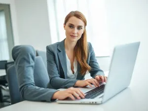 Mężczyzna pracujący przy laptopie z otwartym menu ustawień systemu Windows 11 w minimalistycznym biurze.