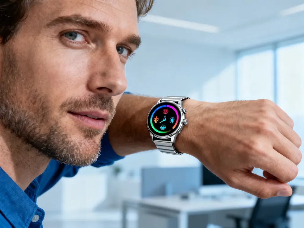 Nowoczesny smartwatch Samsung Galaxy Watch 7 na nadgarstku mężczyzny, prezentujący kolorowe ikony monitorowania zdrowia.