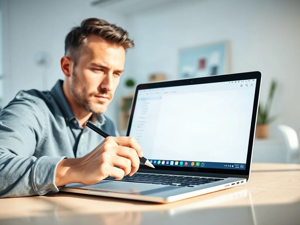 Mężczyzna pracujący przy nowoczesnym laptopie z systemem Windows 11 w jasnym, domowym biurze.