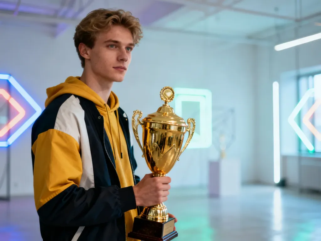 Stylowy młody mężczyzna w streetwearze trzymający złote trofeum w nowoczesnym studiu, symbolizujący autentyczność i styl OG.