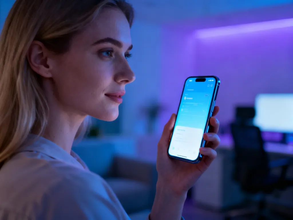 Kobieta trzymająca nowoczesny smartfon z futurystycznym interfejsem w minimalistycznym biurze.