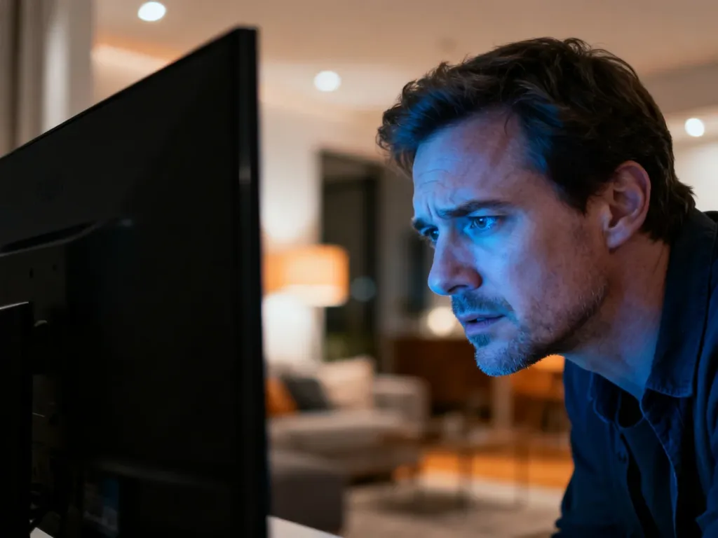 Zirytowany mężczyzna patrzący na czarny ekran telewizora w salonie, co symbolizuje problem z połączeniem sieciowym Netflix.