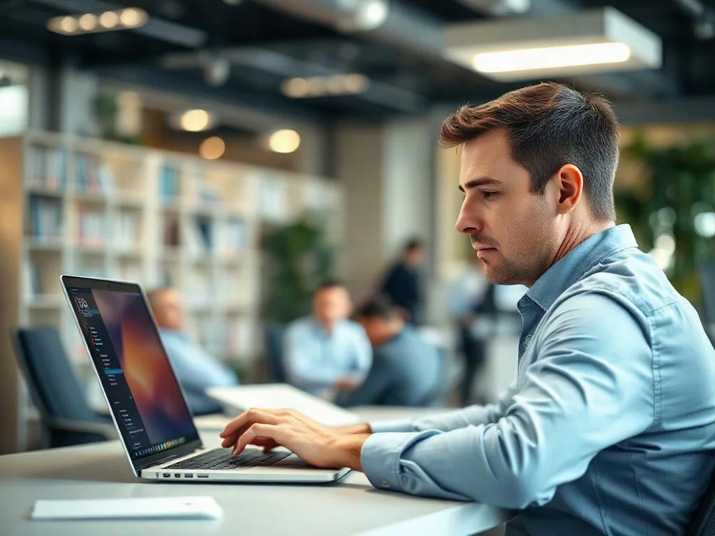 Profesjonalista pracujący przy laptopie z widocznym interfejsem zdalnego pulpitu w nowoczesnym biurze.