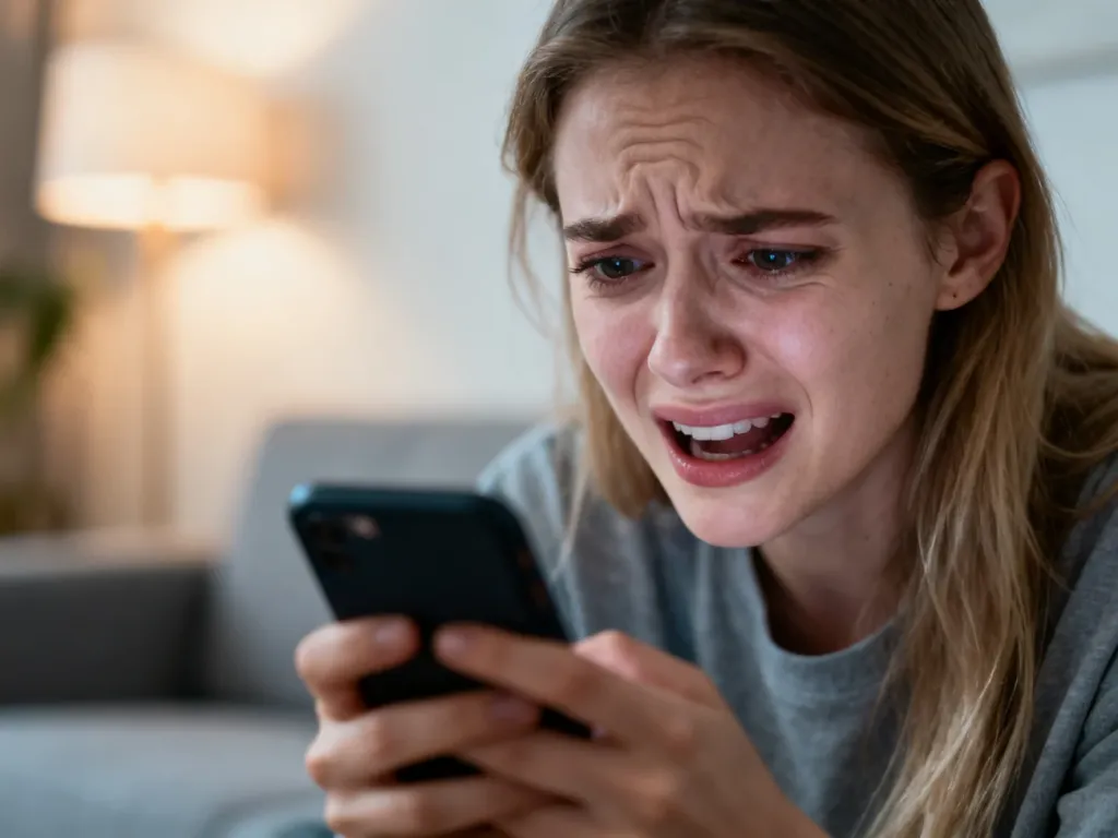 Młoda kobieta z wyrazem zażenowania i niedowierzania patrzy na ekran smartfona, ilustrując odczucie krindżu.