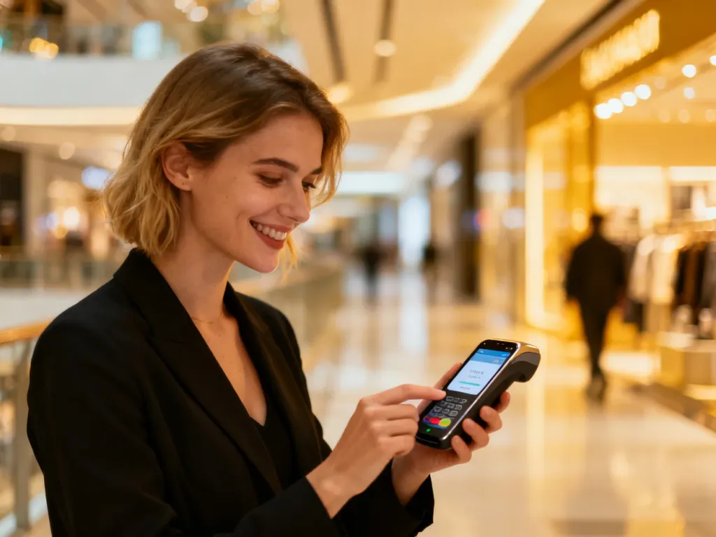 Uśmiechnięta kobieta korzystająca z aplikacji płatniczej na smartfonie w nowoczesnym centrum handlowym.