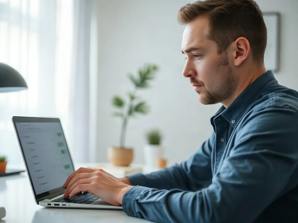 Mężczyzna skupiony na obsłudze ustawień systemu Windows na nowoczesnym laptopie w minimalistycznym biurze.