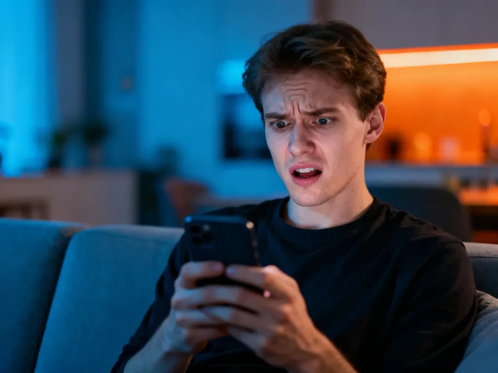 Młody mężczyzna z wyrazem niedowierzania i znudzenia patrzy na smartfon, ilustrując znaczenie zwrotu „bruh”.