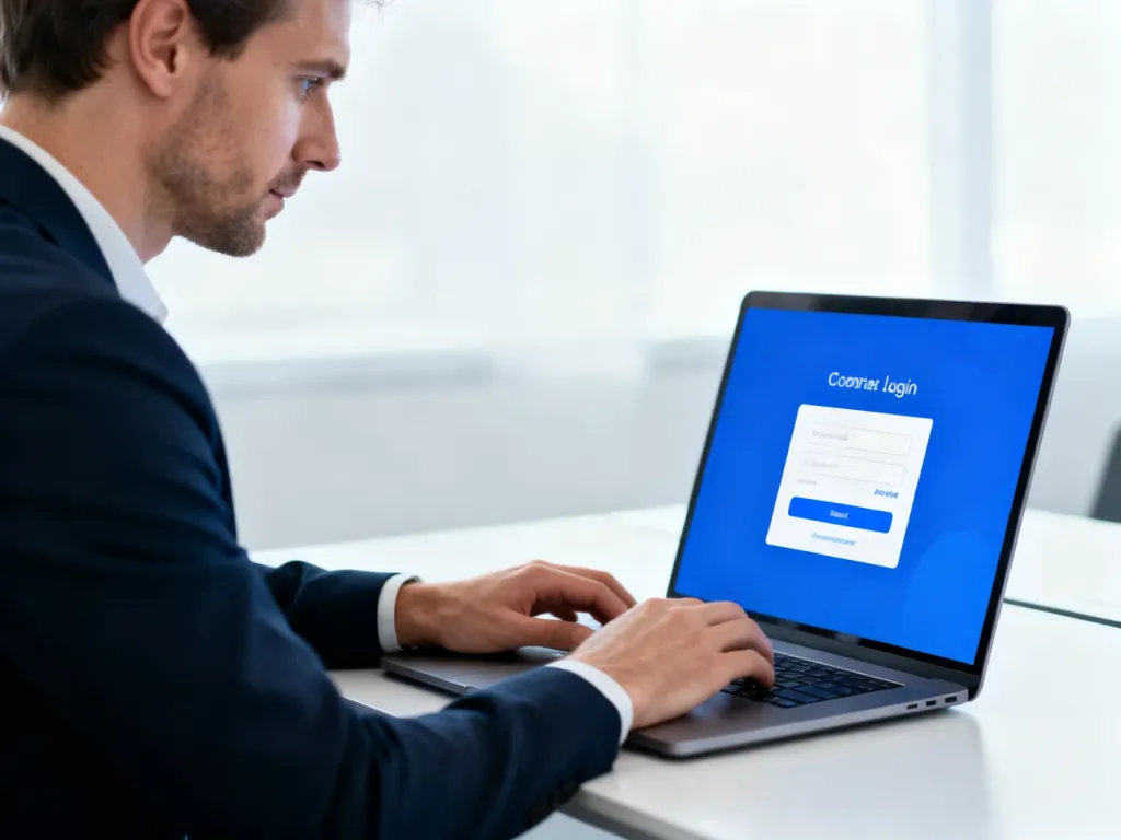 Mężczyzna przy biurku skupiony na ekranie laptopa podczas logowania do aplikacji w nowoczesnym biurze.