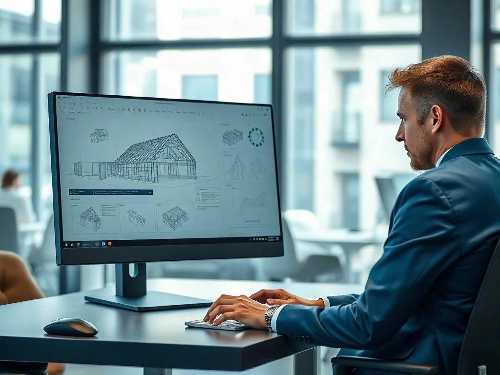 Architekt pracujący przy komputerze, na którego ekranie wyświetlony jest skomplikowany projekt techniczny w formacie DWG.
