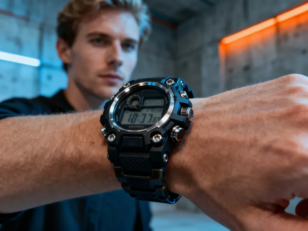 Zbliżenie na wytrzymały zegarek Casio G-Shock na nadgarstku mężczyzny w nowoczesnym, miejskim otoczeniu.
