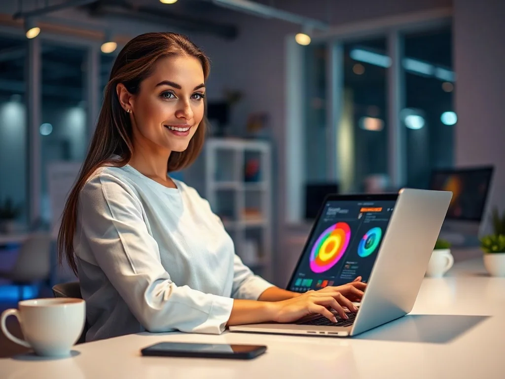 Kobieta pracująca przy laptopie z otwartym programem graficznym w nowoczesnym, jasnym studio.
