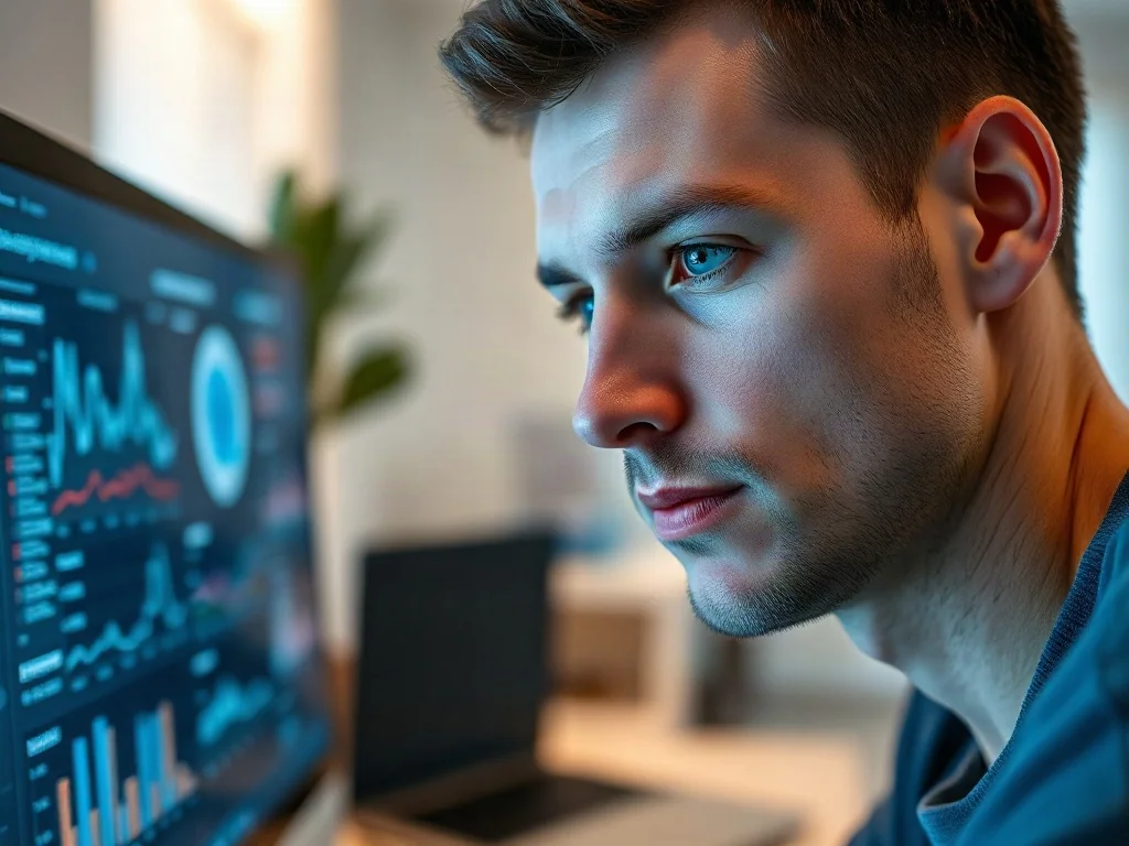 Skupiony mężczyzna analizuje dane diagnostyczne na ekranie komputera w nowoczesnym biurze domowym.