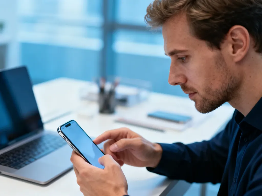 Mężczyzna korzystający ze smartfona w nowoczesnym biurze, symbolizujący wygodny dostęp do systemu Mobidziennik.