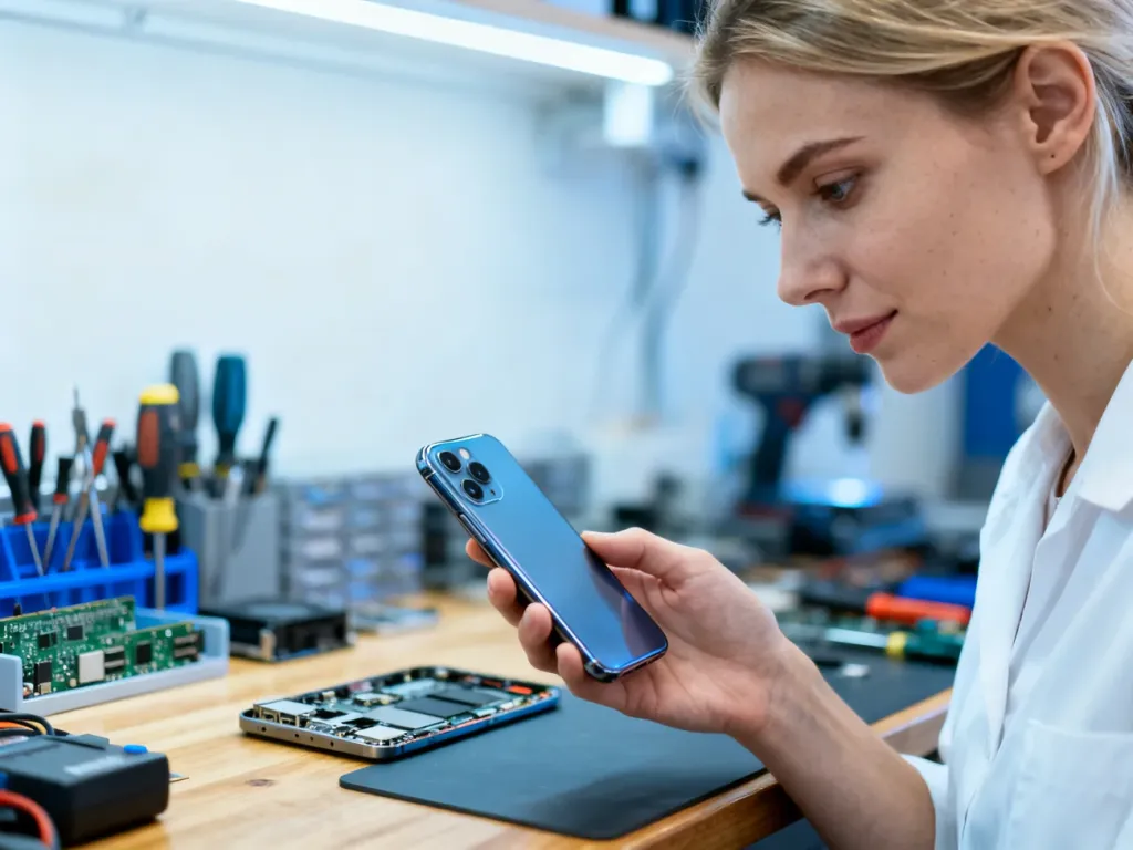 Kobieta trzymająca smartfon w profesjonalnym serwisie elektronicznym, gdzie na stole widoczne są narzędzia do naprawy.