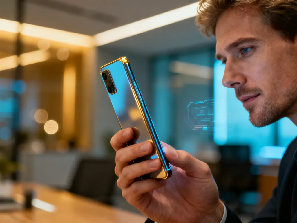 Elegancki, nowoczesny smartfon w dłoniach użytkownika na tle profesjonalnego biura, prezentujący minimalistyczny design urządzenia.
