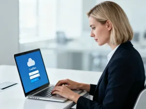 Mężczyzna pracujący na laptopie w nowoczesnym biurze, ilustrujący proces logowania do konta Office 365.
