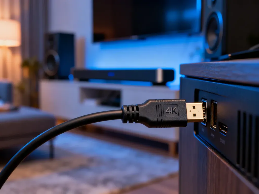 Wtyczka kabla HDMI wkładana do portu nowoczesnego telewizora 4K z widocznym w tle soundbarem.