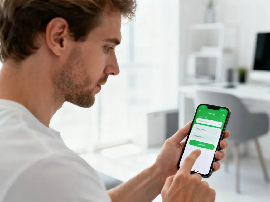 Mężczyzna w nowoczesnym biurze skupiony na nauce języka w aplikacji Duolingo na smartfonie.