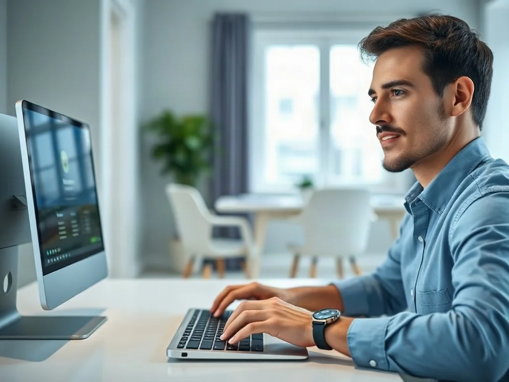 Mężczyzna pracujący przy laptopie z otwartym menu ustawień systemu Windows 11 w minimalistycznym biurze.