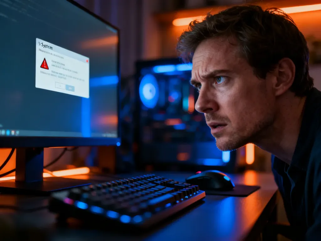 Zirytowany mężczyzna przed monitorem z błędem systemowym w nowoczesnym domowym biurze.