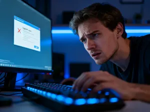 Mężczyzna przy biurku z laptopem zastanawia się nad wysłaną wiadomością e-mail w programie Outlook.