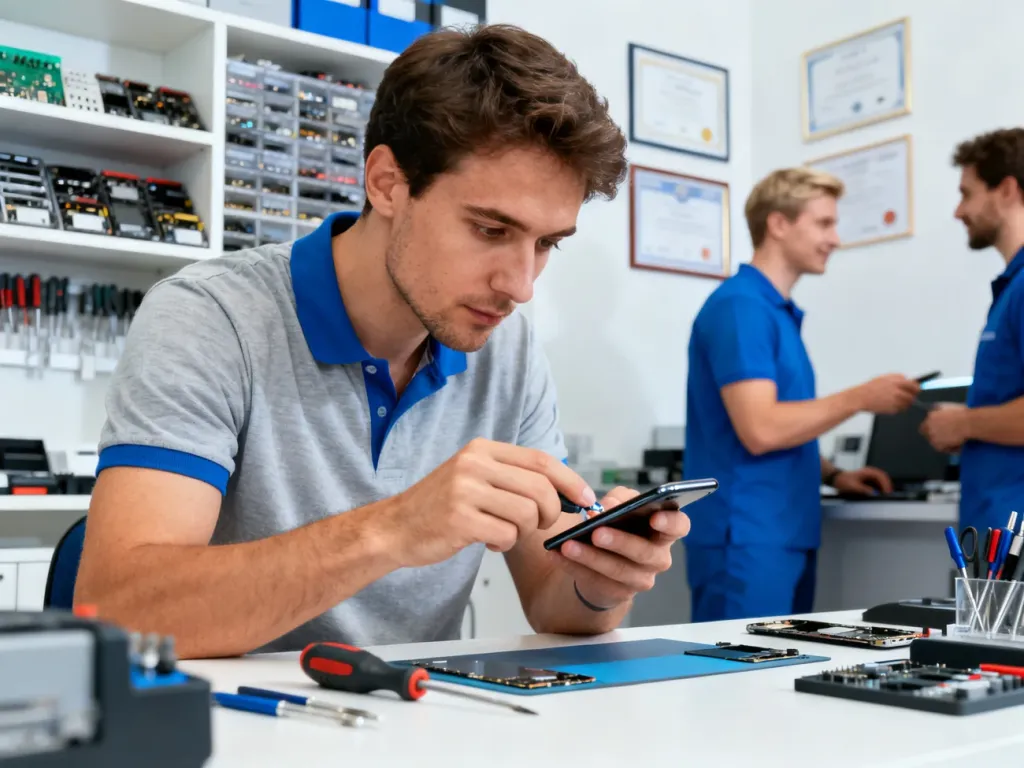Technik w nowoczesnym serwisie uważnie diagnozuje smartfon, w tle drugi specjalista pomaga klientowi.