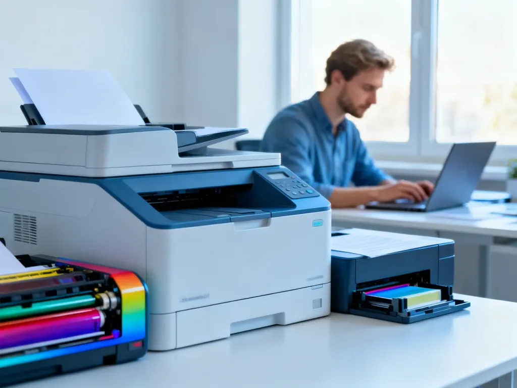 Nowoczesne biurko z drukarką laserową i atramentową oraz mężczyzna pracujący przy laptopie w jasnym, domowym biurze.