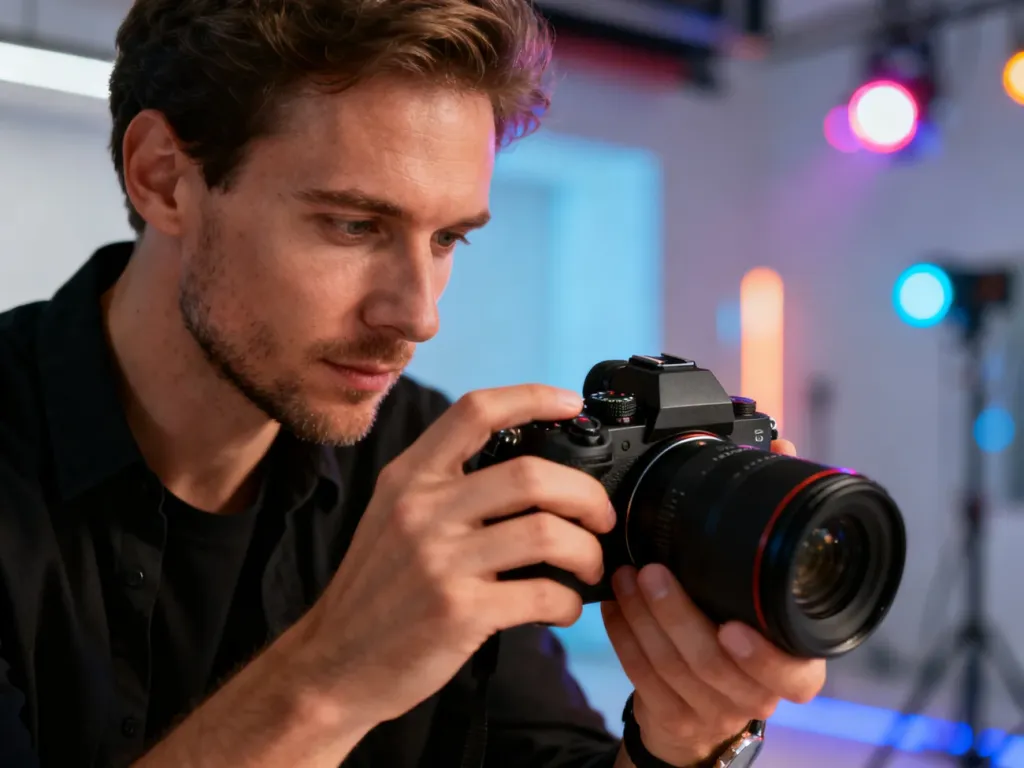Profesjonalny fotograf ustawiający parametry nowoczesnego aparatu bezlusterkowego w studiu.