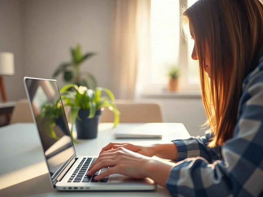 Kobieta pracująca na laptopie w jasnym biurze domowym, symbolizująca profesjonalną obsługę poczty elektronicznej.