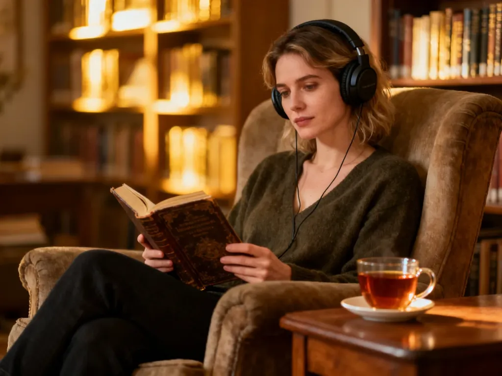 Kobieta w słuchawkach czytająca książkę w przytulnej biblioteczce, relaksująca się przy herbacie podczas słuchania audiobooka.