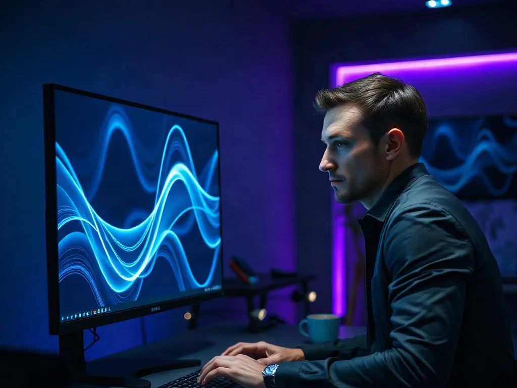 Mężczyzna pracujący przy nowoczesnym monitorze z futurystyczną grafiką, symbolizującą nowy system operacyjny.