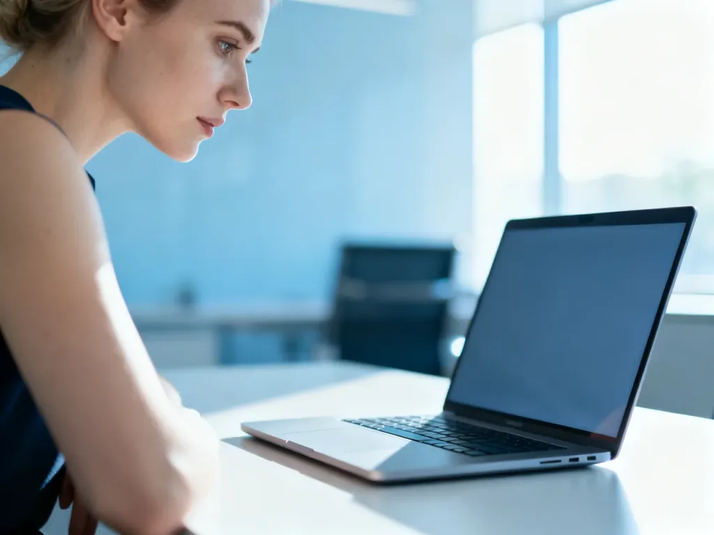 Kobieta skupiona na pracy przy laptopie w nowoczesnym, jasnym biurze, korzystająca z platformy edukacyjnej.