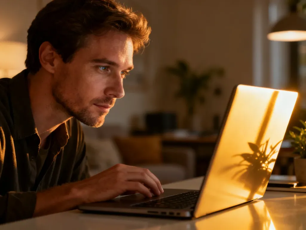 Mężczyzna skupiony na ekranie laptopa w przytulnym domowym biurze podczas pracy z narzędziami AI.