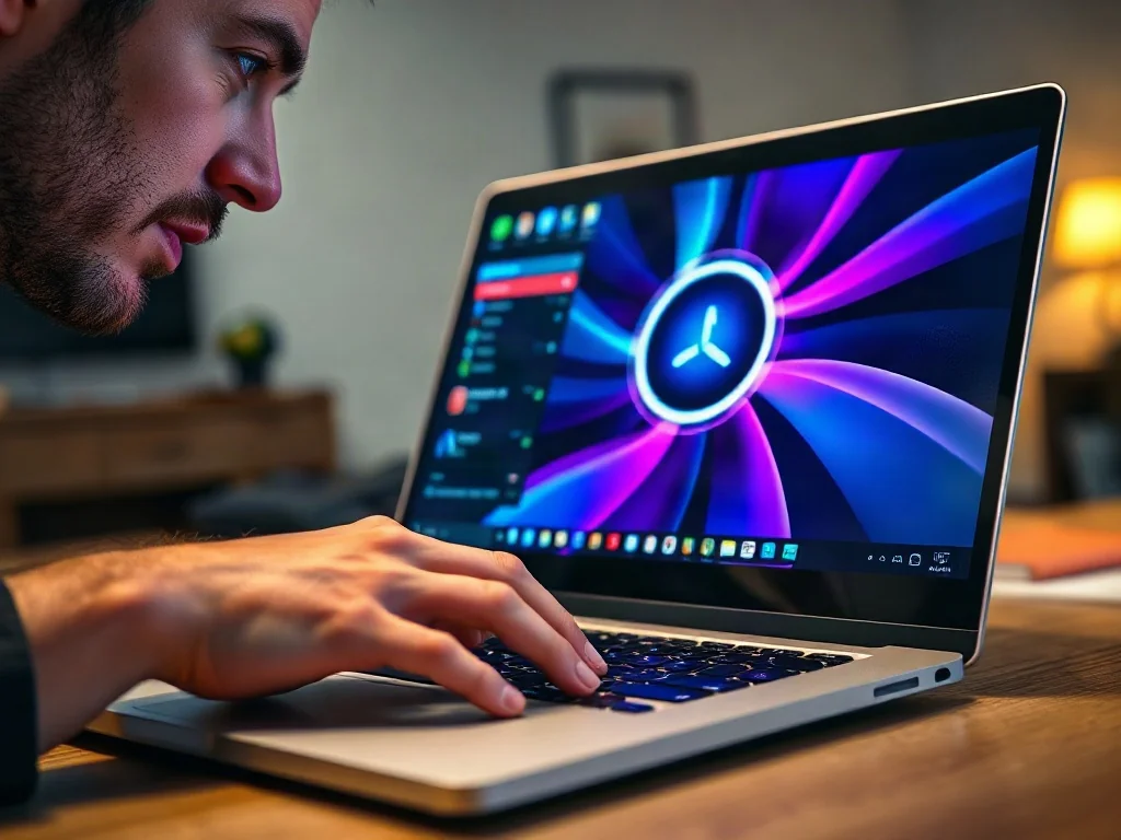 Mężczyzna korzystający z nowoczesnego laptopa z interfejsem systemu operacyjnego w minimalistycznym biurze.