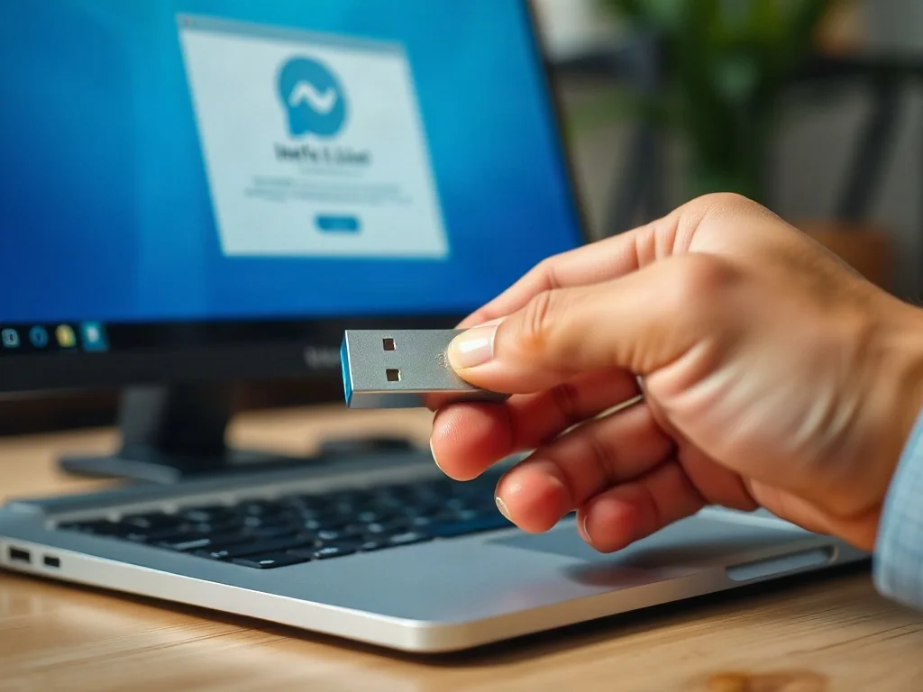 Dłonie wkładające pendrive do portu USB w laptopie, na którego ekranie widać proces instalacji systemu.