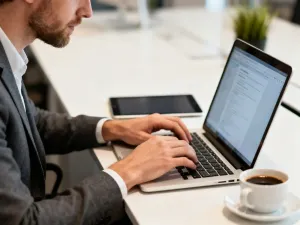 Profesjonalista pracujący przy laptopie w nowoczesnym biurze domowym, skupiony na obsłudze platformy cyfrowej.