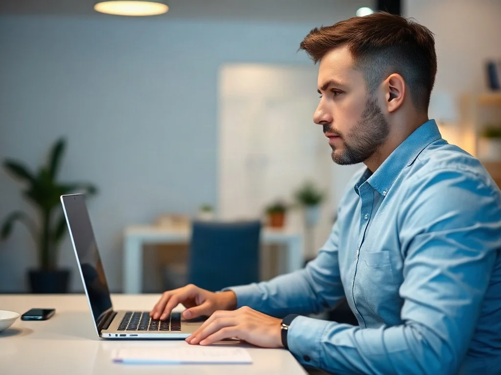 Mężczyzna pracujący przy laptopie z otwartym interfejsem pulpitu zdalnego w nowoczesnym domowym biurze.