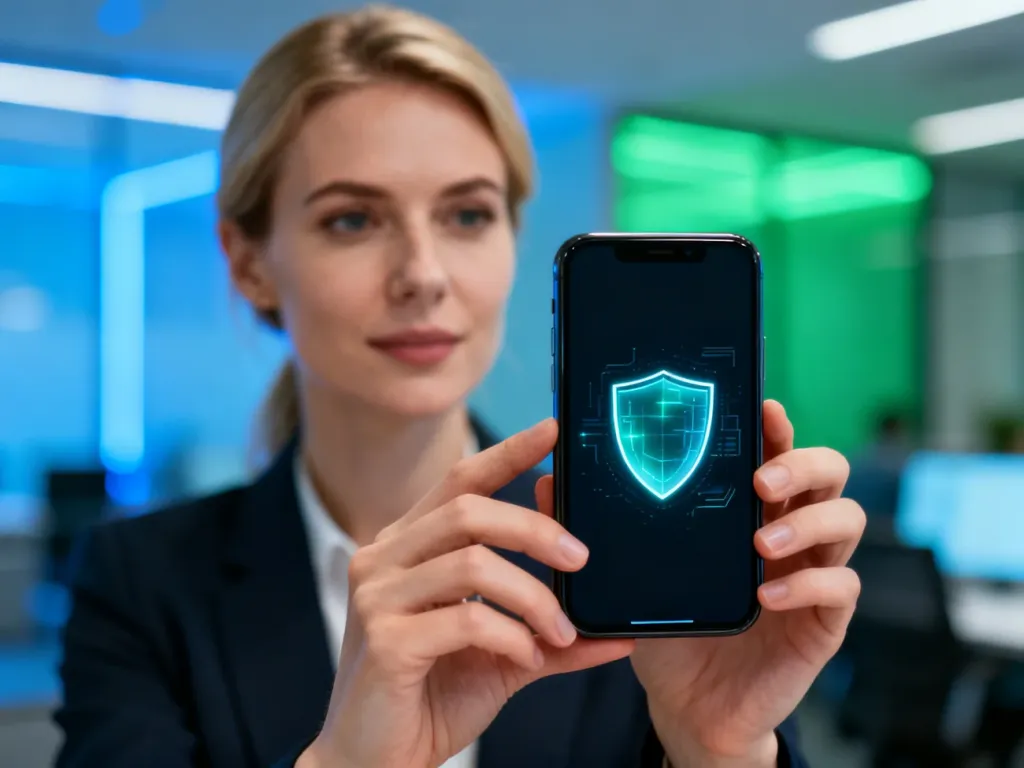 Smartfon z ikoną tarczy na ekranie, symbolizujący bezpieczeństwo danych i prywatność w komunikatorze.