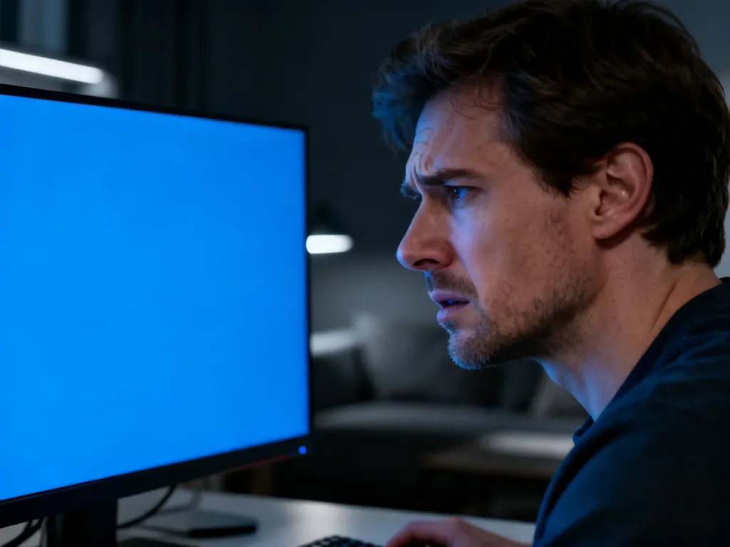 Zirytowany mężczyzna siedzący przed monitorem z niebieskim ekranem śmierci (BSOD) w domowym biurze.