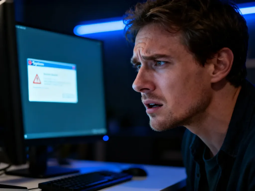 Zirytowany mężczyzna przed monitorem z błędem systemowym, ilustrujący problem z brakującym plikiem MSVCP140.dll.