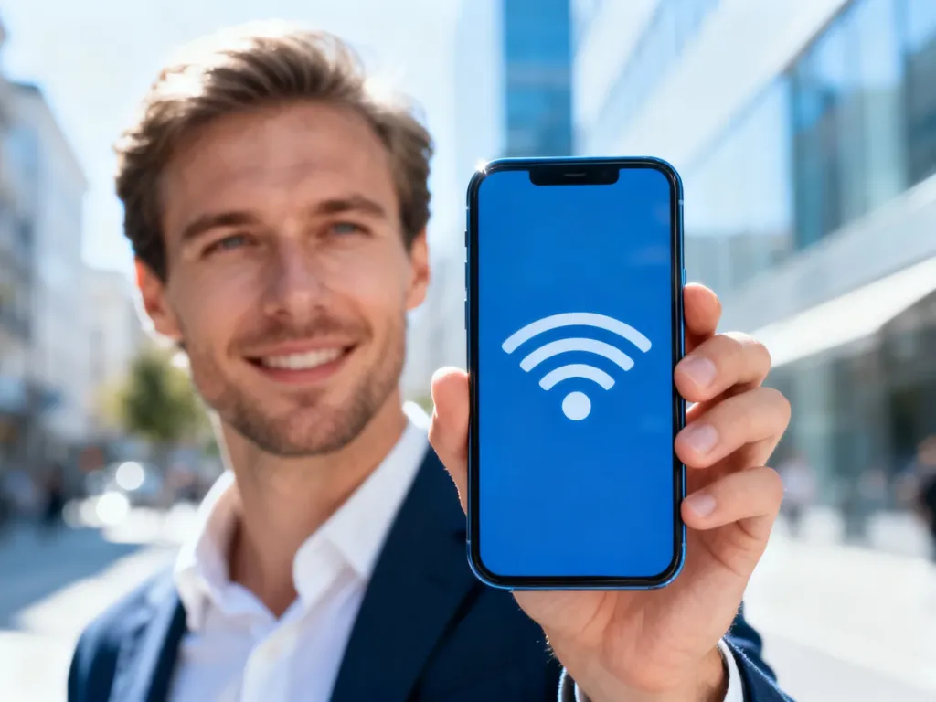 Mężczyzna trzymający nowoczesny smartfon z widoczną ikoną silnego zasięgu na tle rozmytej miejskiej ulicy.