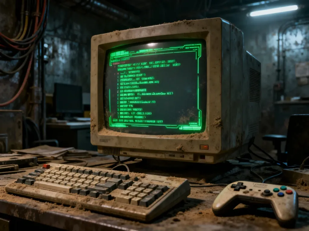 Monitor CRT wyświetlający menu konfiguracji gry w klimacie postapokaliptycznego bunkra.