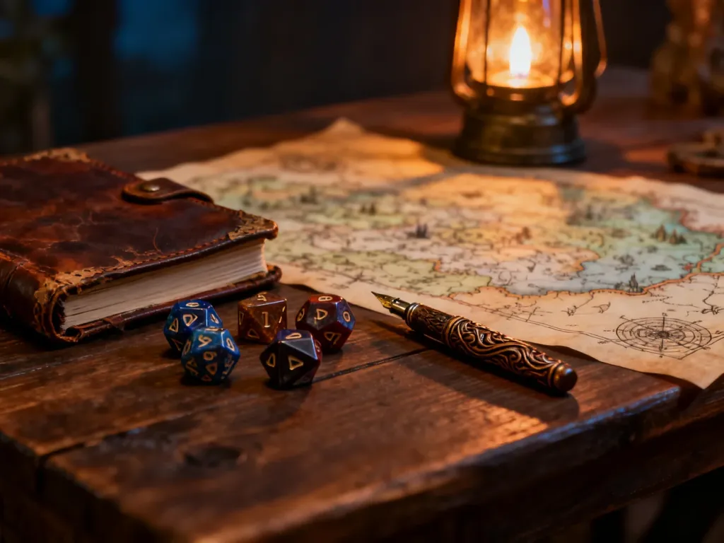 Zestaw kości do gry RPG, notatnik i pióro na drewnianym stole w klimatycznym, wieczornym oświetleniu.